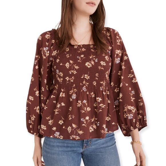 Madewell NWT Dark Merlot Floral Lucie Smocked Square-Neck Peplum Blouse Size 2 - Picture 1 of 8